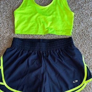Neon Yellow AE Studio Crop Top and C9 Black Athletic Shorts Set size small